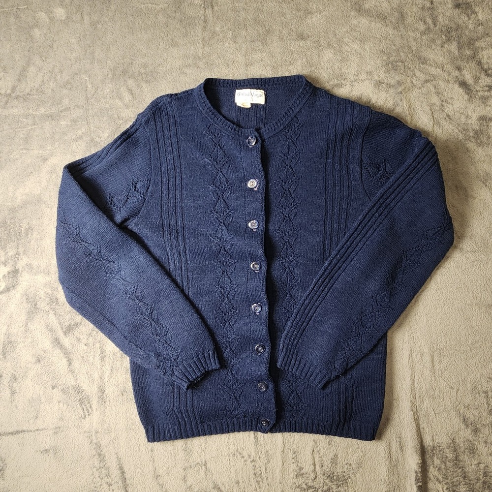 British Vogue Vintage Navy Blue Pointelle Cable Knit Cardigan Sweater USA Made